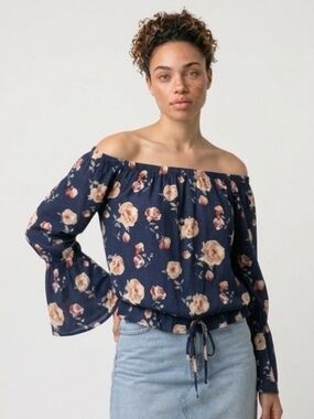 B.P Off-Shoulder Navy Floral Tie-Hem Top